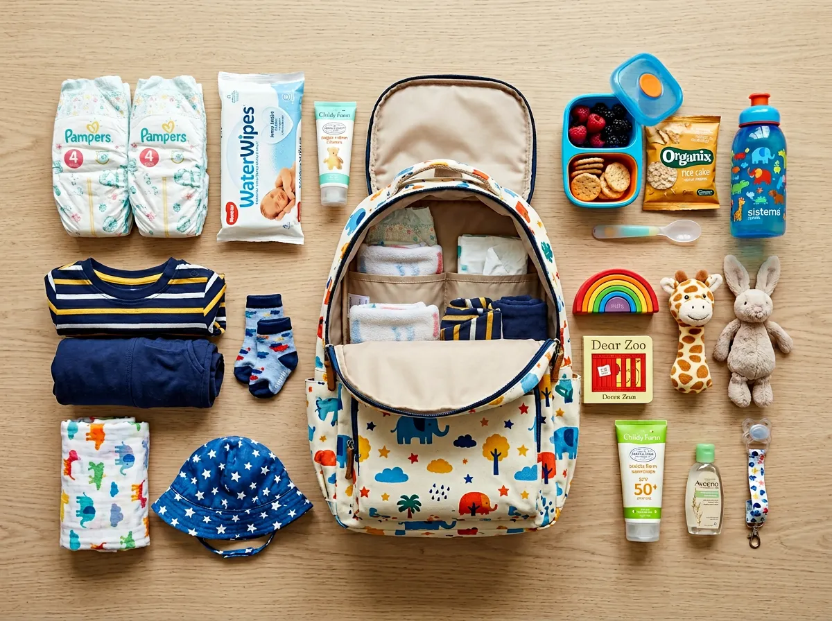 Well-packed toddler day bag with essentials laid out