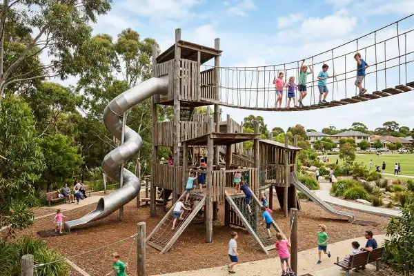 Adventure playground with climbing structures and slides in Sydney