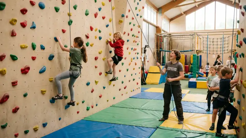 Children climbing on a colourful indoor climbing wall