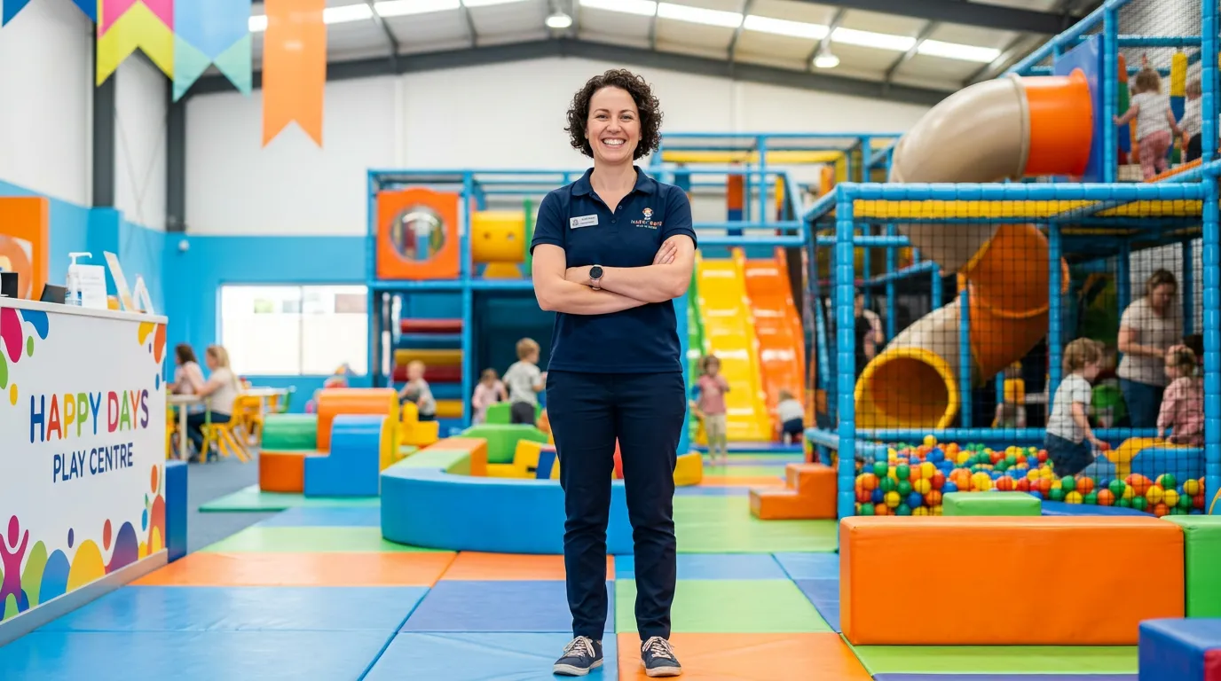 Proud play centre owner standing in their colourful indoor venue
